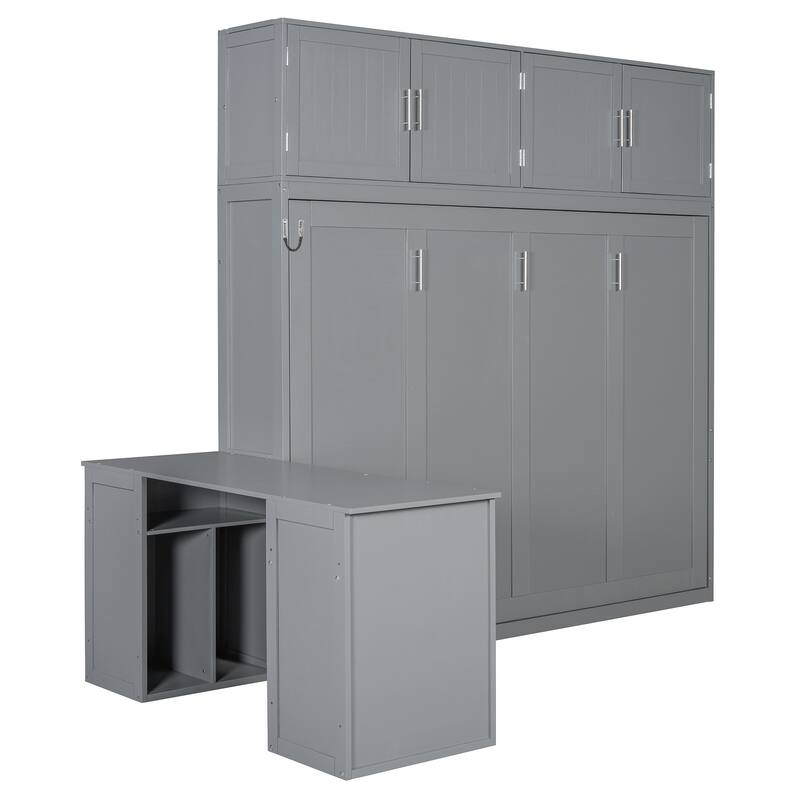 Queen Wall Murphy Bed with Fold Down Desk - Includes Storage Shelves and Large Cabinets