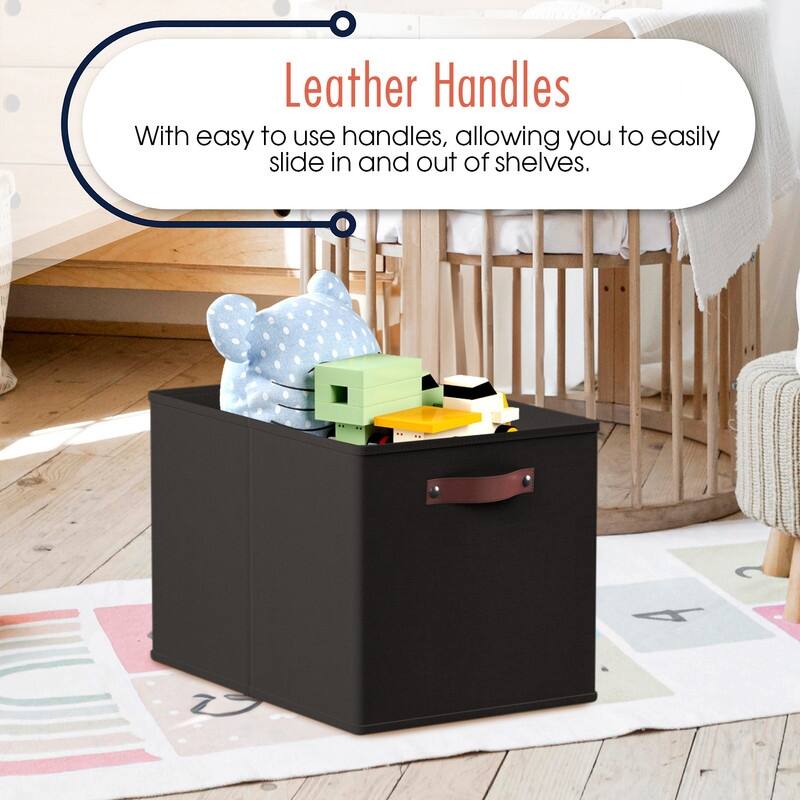 Foldable Collapsible Storage Box Bins Linen Fabric Shelf Basket Cube Organizer with Leather Handles - Set of 6