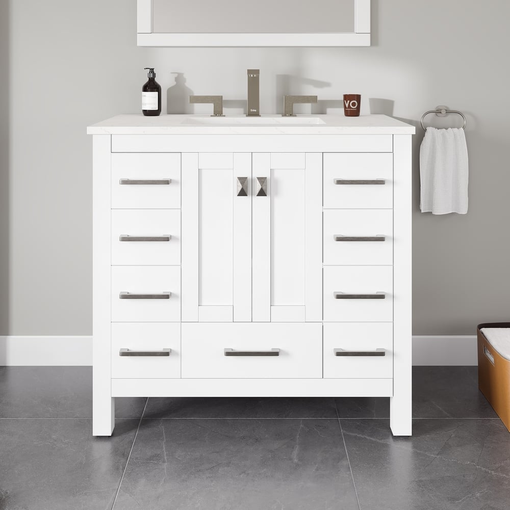 Eviva Hampton 36"W x 22"D Bath Vanity with White Carrara Quartz Top