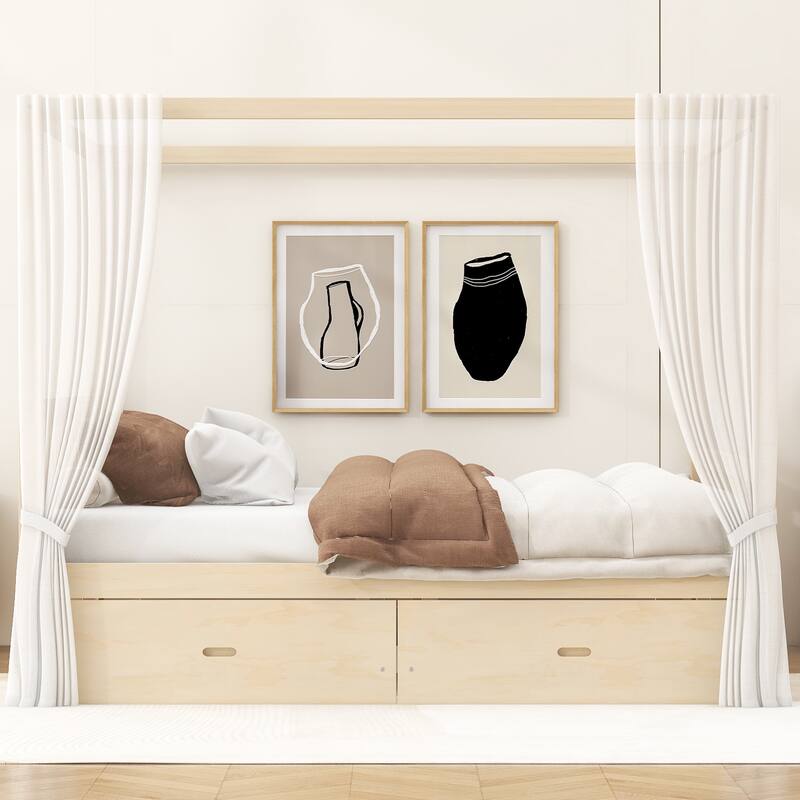 Roomfitters Queen/King Wooden Canopy Bed with 2 Storage Drawers, Solid Wood Frame, Walnut