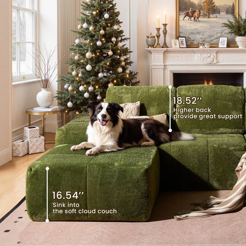 HOOOWOOO Modern Sparkly Velvet Fabric Chaise Sofa Couch with Ottoman