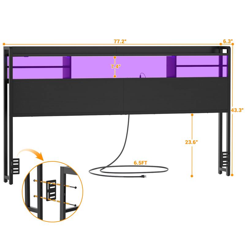Storage Headboard with USB Port and Power Outlet, Head Board with LED Light for Bed Frame