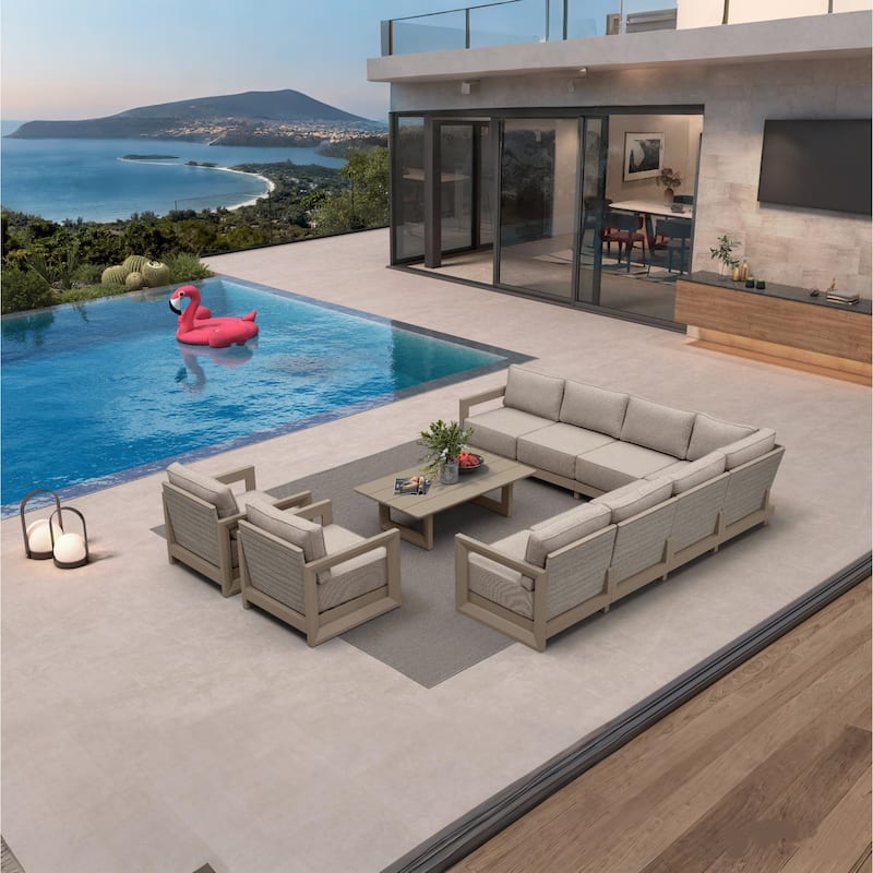 PURPLE LEAF Caesar Khaki Outdoor Couch with 9.6" Thick Cushion and Table for Yard Porch Deck Outdoor Patio Conversation Sets