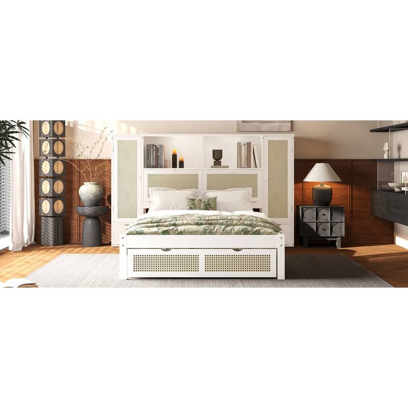 Twin Platform Bed with Rattan Accents, Built-In Headboard Shelf, Drawer, and 2 Storage Cabinets, Wooden Frame