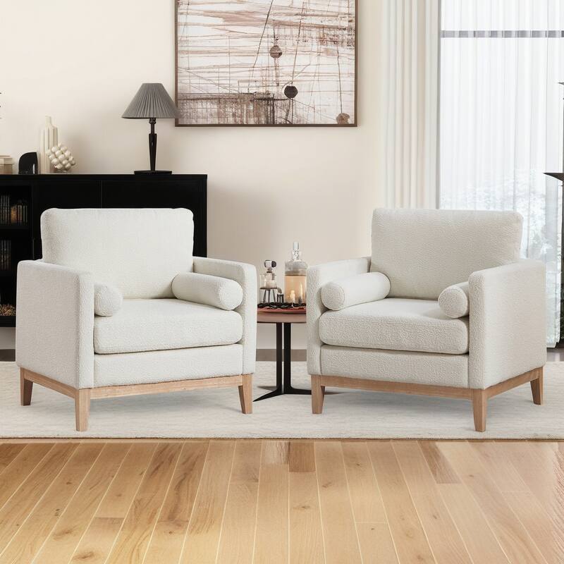 35" Farmhouse Style Boucle Single Sofa Accent Chair with Storage Footstool, Natural Wood Legs for Living Room, Office