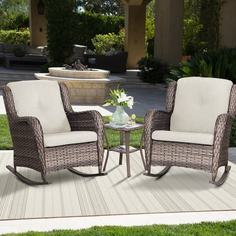 Cozywor 3-Piece Patio Wicker Outdoor Rocking Chair Set - Beige
