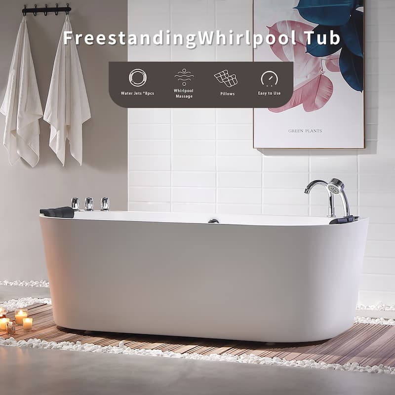 67 in. x 31.5 in. Center Drain Freestanding Whirlpool Bathtub Hydrotherapy Jetted Soaking Bath Tub - Tub filler in White