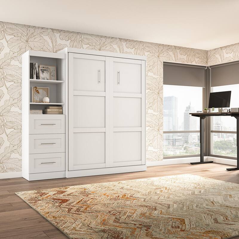 Bestar Pur Queen Murphy Bed with Shelving Unit and Drawers (90W)