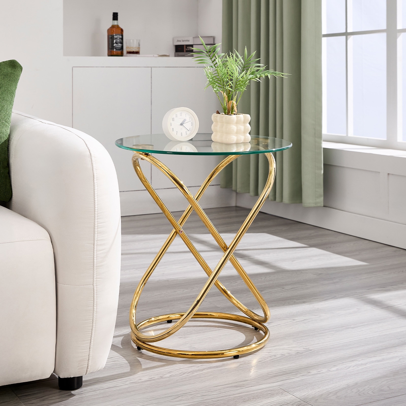 Tempered Glass Round Side/ End Table with Metal Legs - 19.7"Dia Top x 21.7"H x 15.6"Dia Base