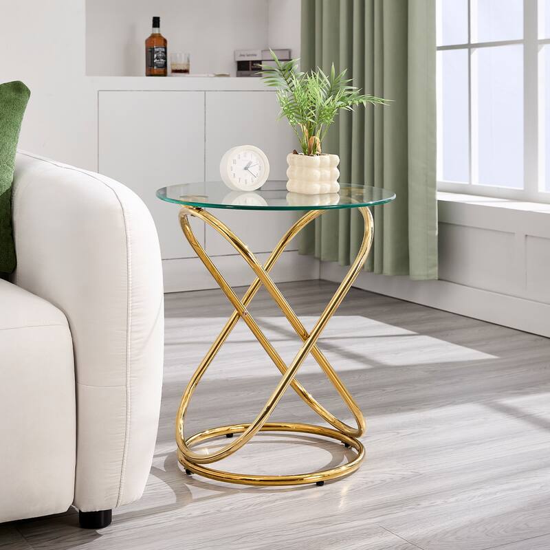 Tempered Glass Top Round Coffee Table with Metal Base - 31.5"Dia Top x 17.7"H x 23.6"Dia Base