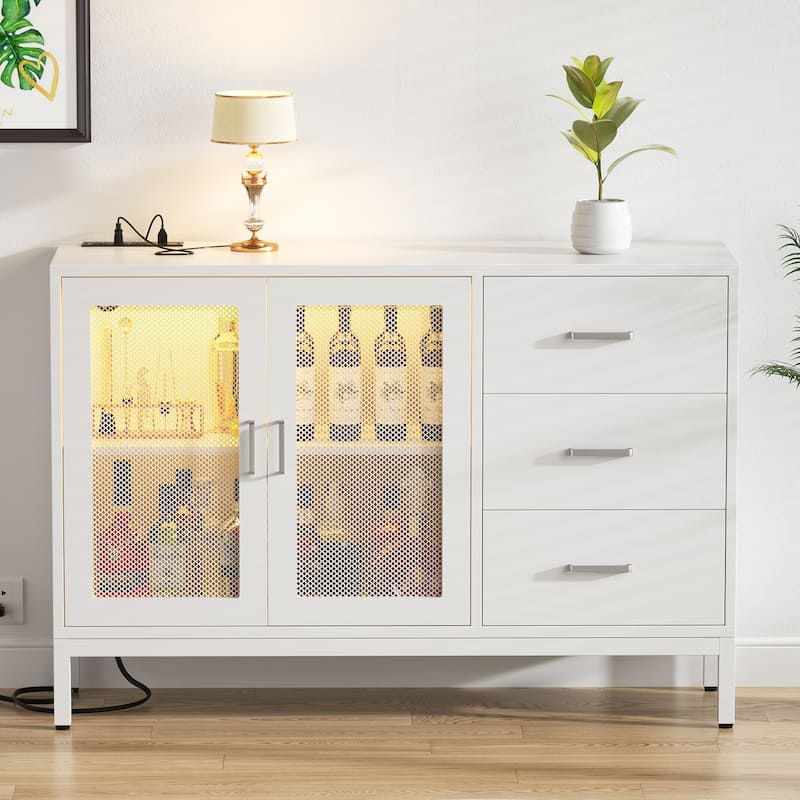 45'' W Accent Cabinet with Drawers and Charge Station, Storage Sideboard with LED Light