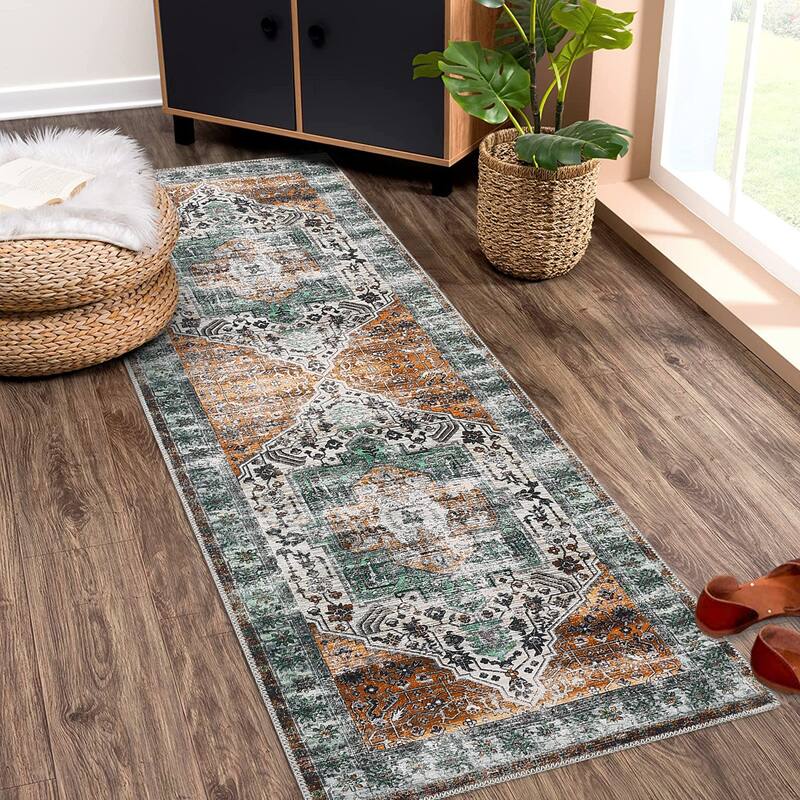 Vintage Medallion Living Room Rug Washable Soft Non-Slip Low Pile Area Rug Indoor Distressed Accent Rug - 2'x6' - Rust Brown/Multi