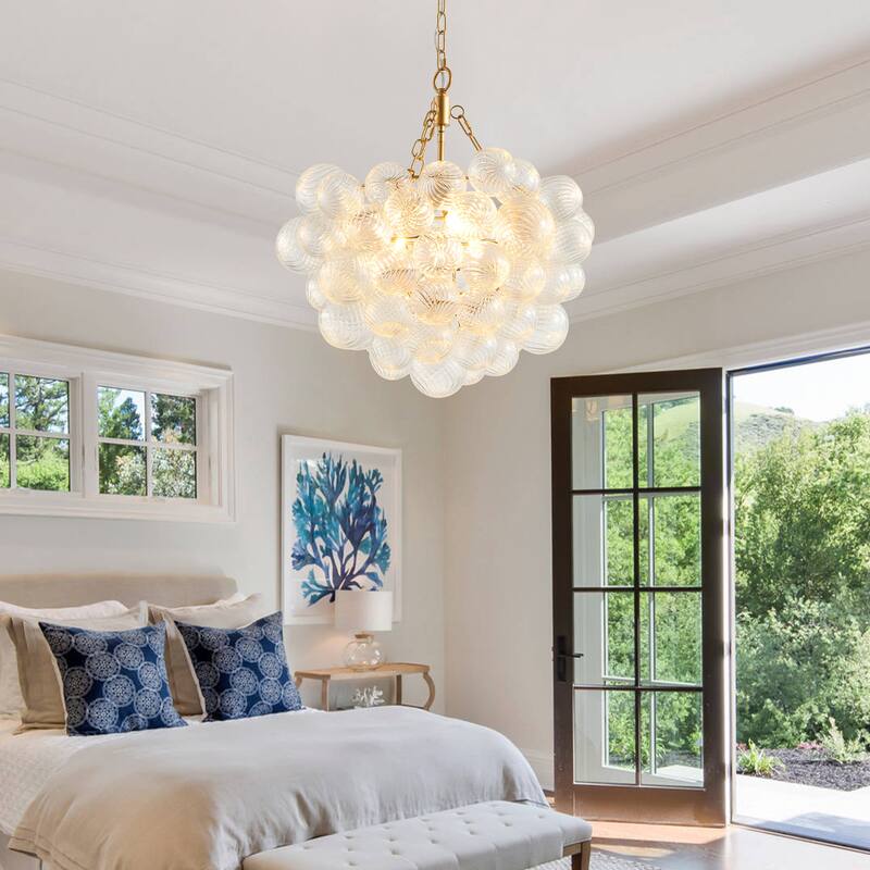 Modern Gold Pendant Light Chandelier with Threaded Clear Glass Globe Shade Adjustable Height, for Living Room, Dining Room