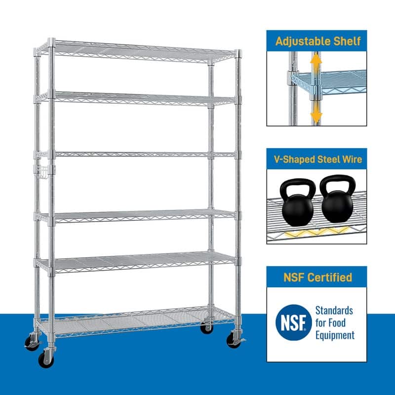 6-Tier NSF-Certified Steel Wire Shelving Rck with Wheels