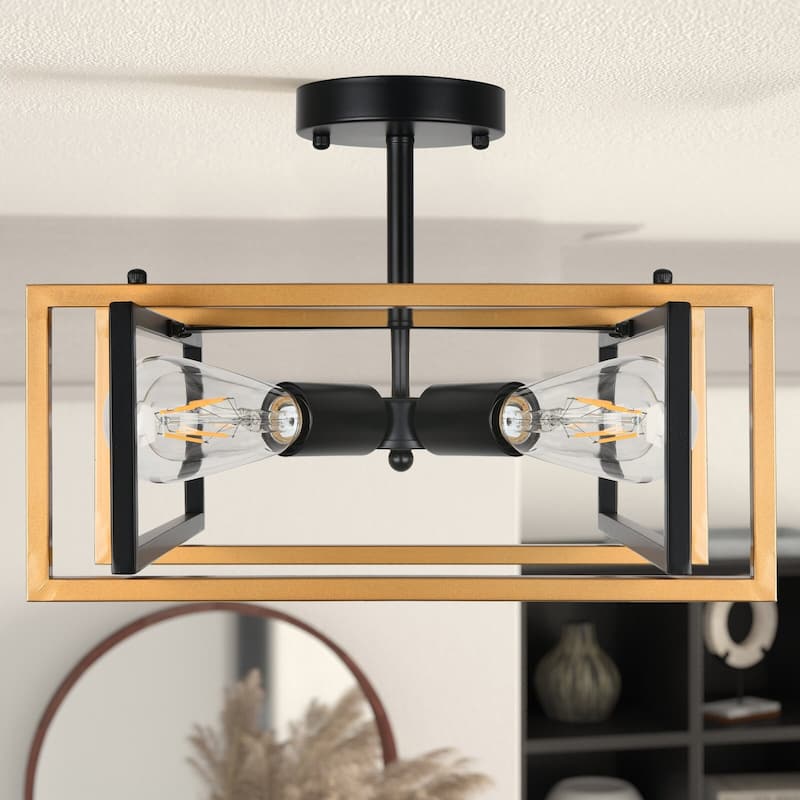 Starsky 4-Light 15in Modern Farmhouse Caged Ceiling Light Geometric Rectangle Semi-Flush Mount