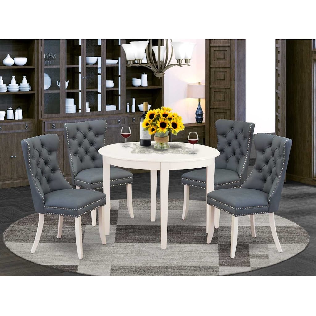 5-Piece Linen White Solid Wood Top - Round Upholstered Dining Room Set - Seats 4