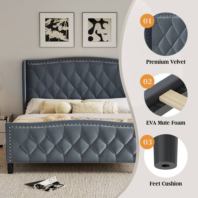 Modern Queen Size Upholstered Platform Bed Frame with Wingback Headboard, No Box Spring Needed, Easy Assembly for Bedroom