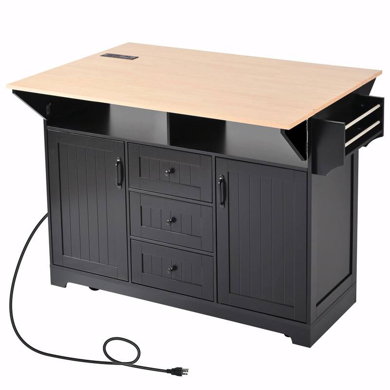 55.7" Rolling Kitchen Island with Double Drop Leaf, Power Outlet, 3 Drawers, Spice & Towel Rack, Folding Dining Table Cart