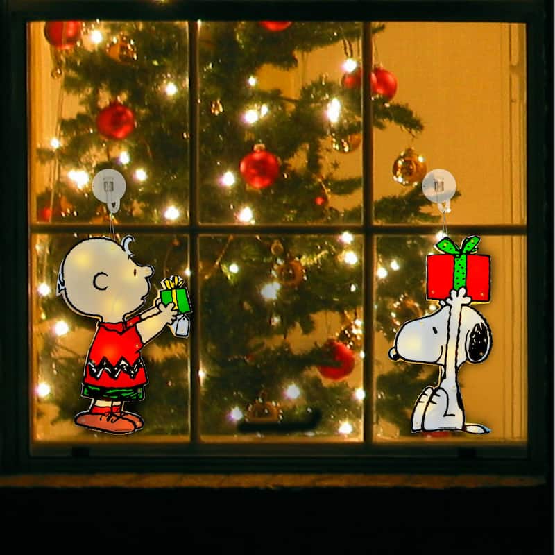 12" Peanuts 2 PC PreLit LED Holiday Window Décor Snoopy and Charlie Brown