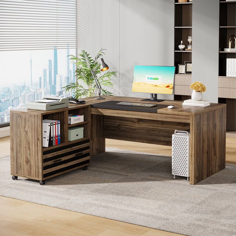 62.2" Executive Desk with Mobile File Cabinet, L-Shaped Office Desk for Home Office