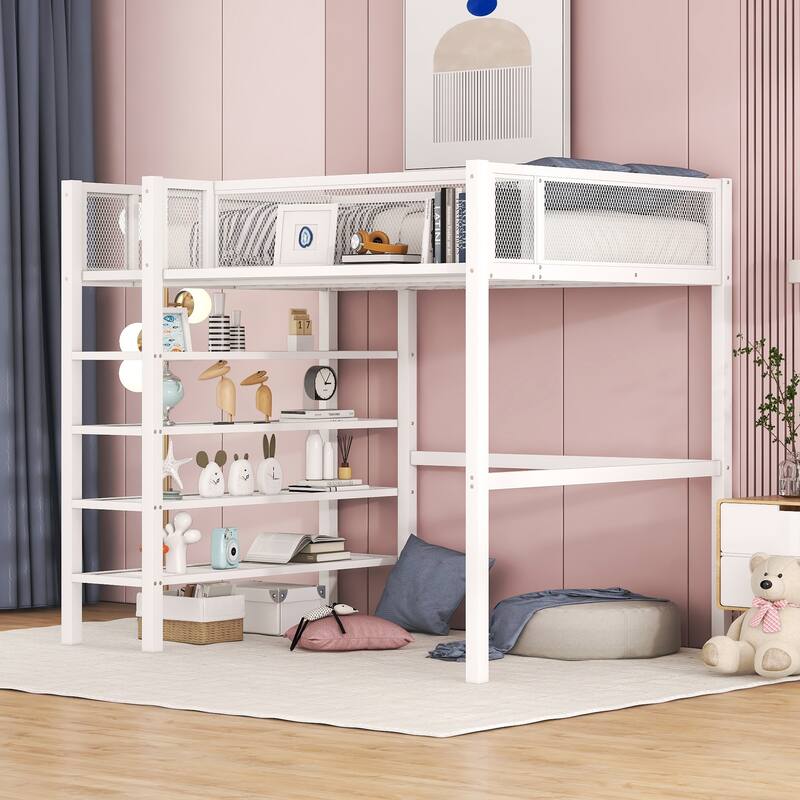 Twin/Full Metal Loft Bed with Built-in Desk, Shelves, and Storage, Modern Design - White - Twin
