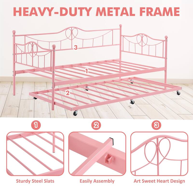 Daybed with Trundle Metal Guest Bed Frame Strong