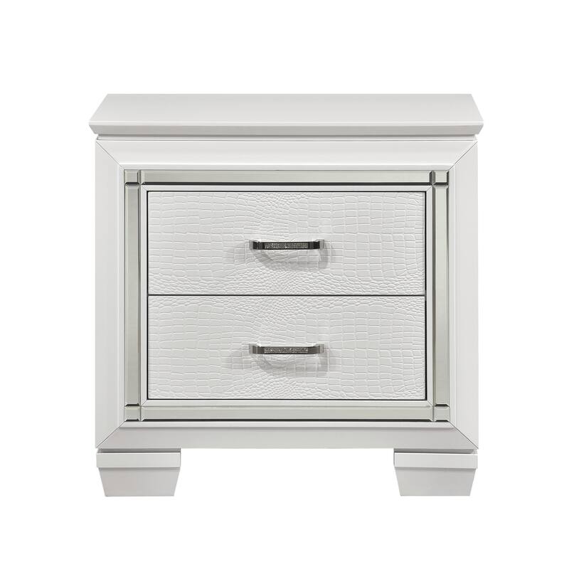 Glamorous White Nightstand, 2 Drawers, Faux Alligator Embossed Textured Front