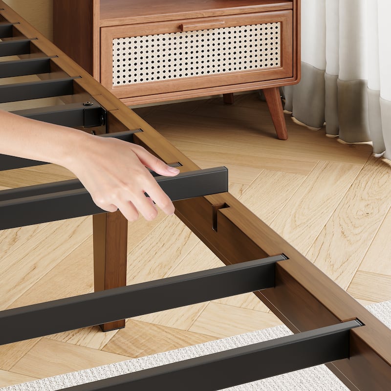 Walnut-colored solid wood and bamboo bed frame with headboard, easy to assemble, no box springs required