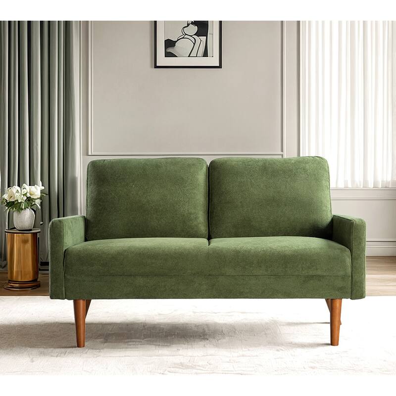 Velvet Upholstered Loveseat Sofa, Small Loveseat Sofa Couch with Rubber Wood Legs, 2 Seater Couch with Throw Pillow