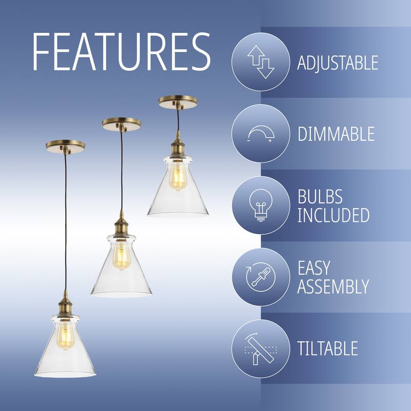 Wyatt 7.5" Adjustable Drop Metal/Glass LED Pendant, Brass Gold by JONATHAN Y