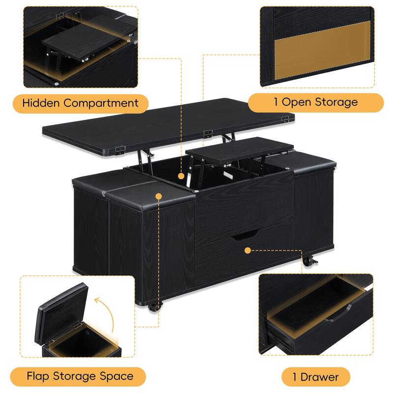 Multi-Functional Lift-Top Coffee Table with Hidden Storage, 4 Stools & Casters, Modern Center Table for Small Spaces