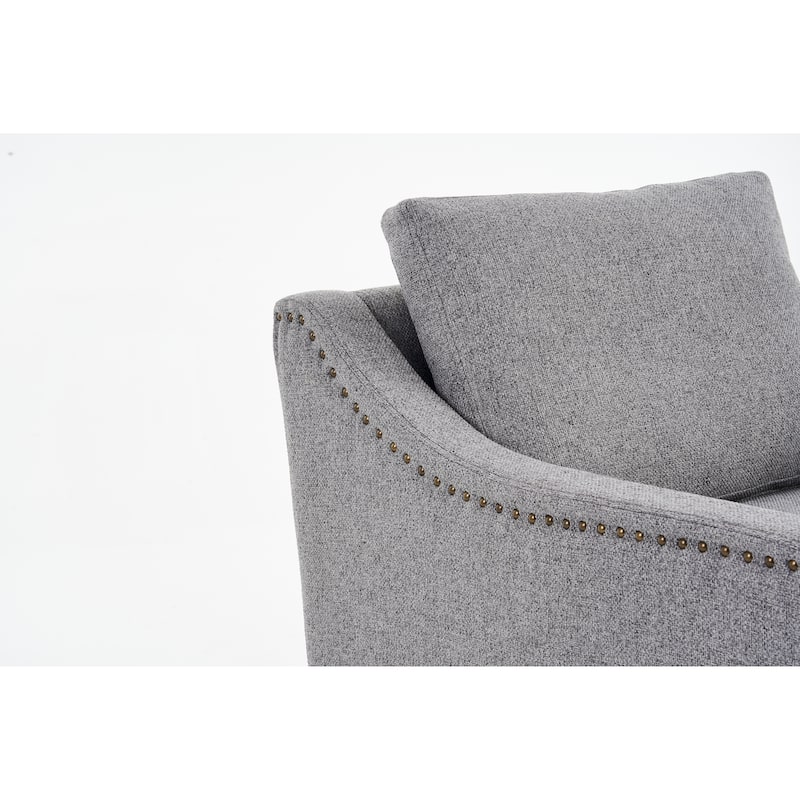 Linen Upholstered Swivel Accent Chair, Ergonomic Single Sofa Chair, Lounge Reading Chair with Nailhead Decor & Metal Base