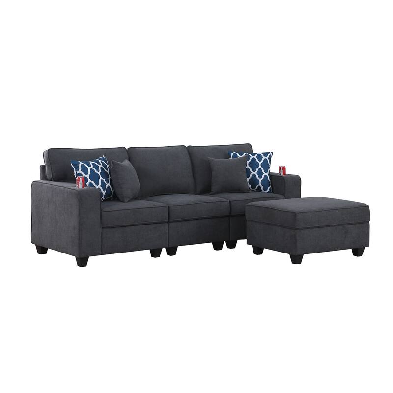 Woven Upholstered Sofa with Ottoman in Stone Gray