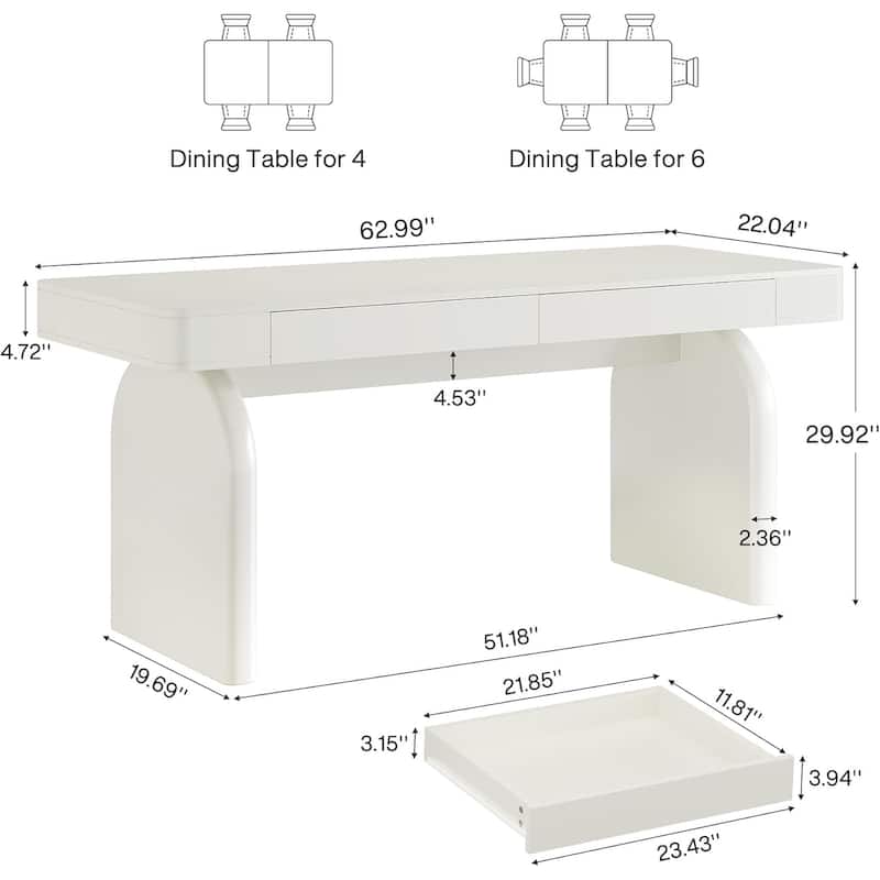 63-Inch Rectangular Modern Dining Table for 4-6 People with 2 Storage Drawers - 62.99"W x 22.04"D x 29.92"H