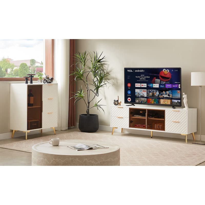 Deluxe Sculpted Modern Fashion Geometric Style TV Stand, Aluminum Frame Tempered Glass Door 4 Drawer Chest