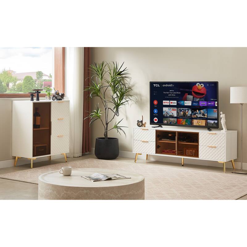 Modern Storage Cabinet withTempered Glass Door, Gold Legs ,3 Drawers and Display Shelf
