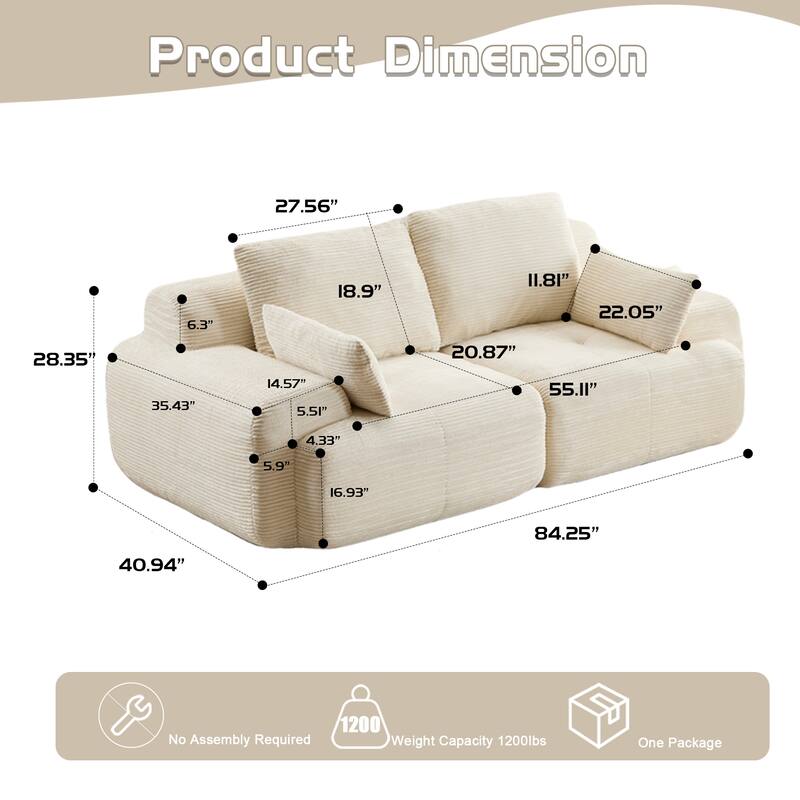 Modular Sectional 2-Seater Cloud Couch, Corduroy Upholstered Boneless Sofa, Compressed Sofa with Cushion & Throw Pillows