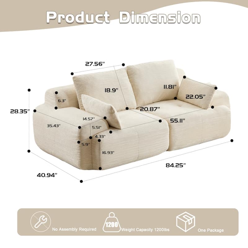 Oversize Memory Foam Compressed Deep Seat Couch Loveseat Sofa Pet-Friendly Corduroy 2 Seater Modular Sectional Sofa, No Assembly