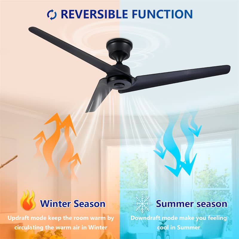 52" Flush Mount & Rod ABS 3 Blades Ceiling Fan with Remote Control No Lights