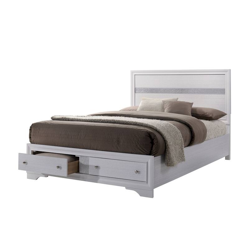 Full Size White Panel Headboard Bed with Drawers, Contemporary Bedroom Furniture