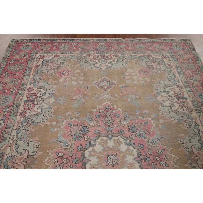 Brown Distressed Tabriz Persian Antique Rug Hand-knotted Wool Carpet - 6'2" x 9'8"