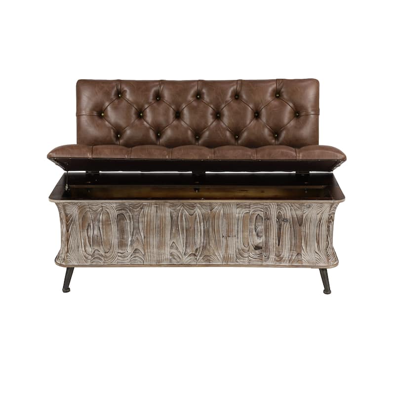 Wood Storage Bench with Tufted Faux Leather Seat and Back - Brown - Roche River Decor - 20"W x 47"L x 32"H