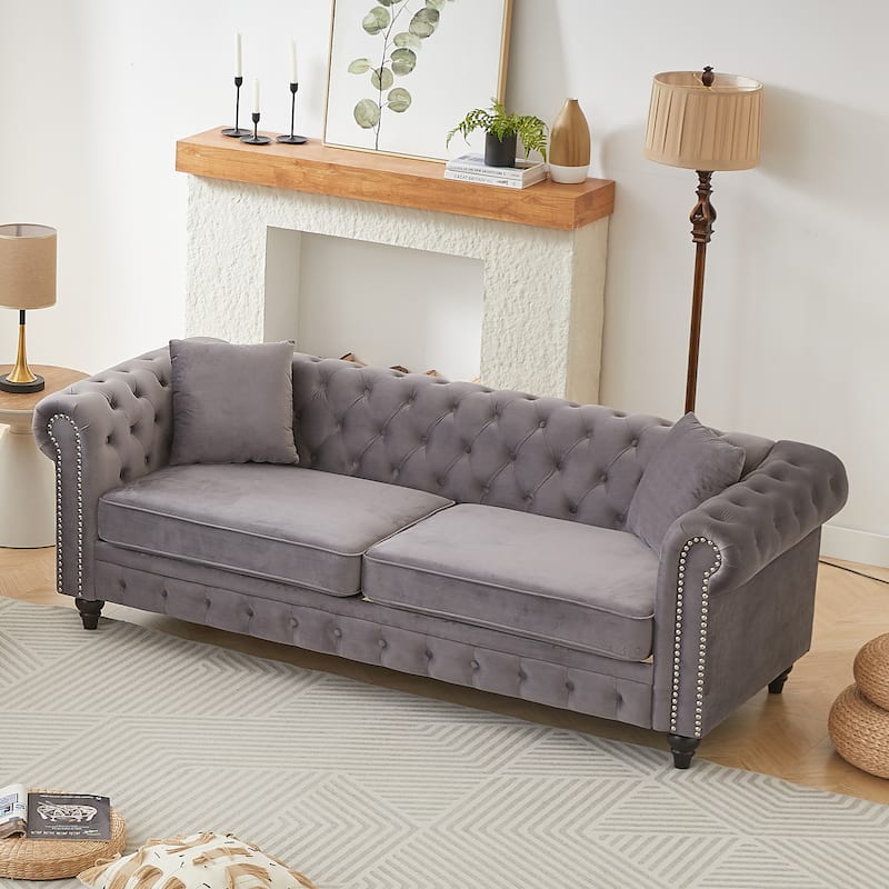 85.5"Living Room With Velvet Chesterfield Sofa With Rolled Arms 3 Seater Sofa With Button Design And 2 Cushions