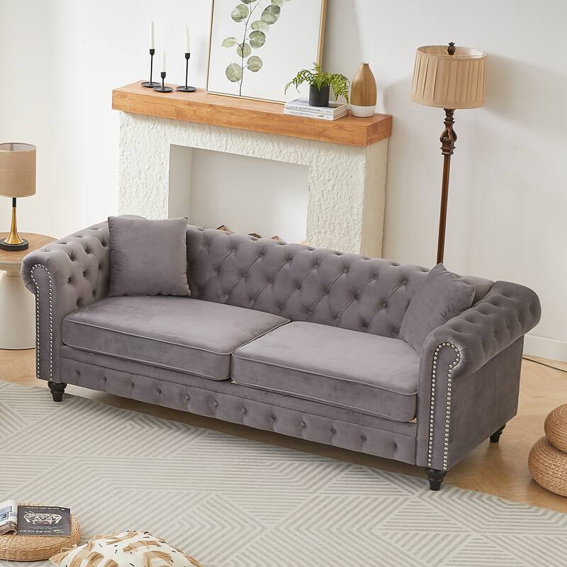 Velvet Chesterfield 3 Seater Sofa, Oversized Button Tufted Upholstered Sofa, Deep Seat Sofa with Rolled Arms & Nailhead Trim