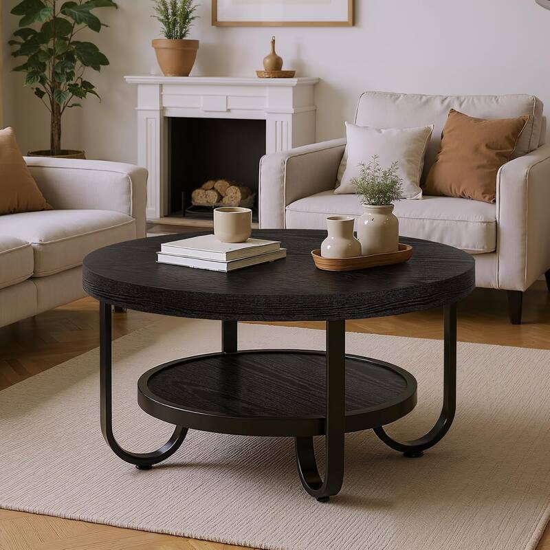 31.1" Brown MDF Industrial Coffee Table, 2-Tier Round Cocktail Tea Table with Metal Legs for Living Room, Receptionist Room