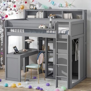 Artsy & Multifunctional Design Wood Twin Size Loft bed with Multiple Storage Shelves and Wardrobe, Sturdy Construction, Gray