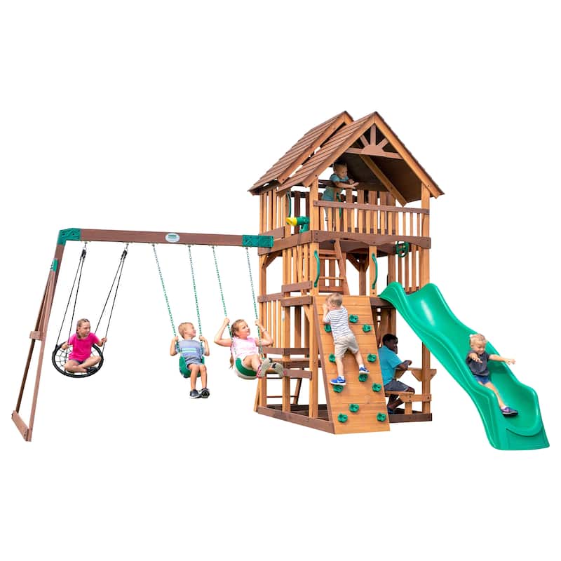 Backyard Discovery Highlander Cedar Wood Swing Set, 3-Story Clubhouse - 15'5" x 15'6" - Brown - Swing Set - 15'5" x 15'6" - Kids