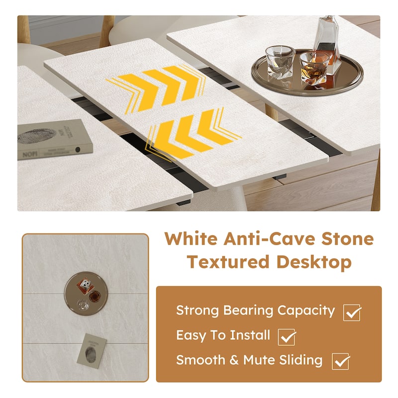 Retractable Rock Slab Dining Table Set, Modern 5-Piece Expandable Table with 4 Wooden Leg Chairs & Leather-Wrapped Base