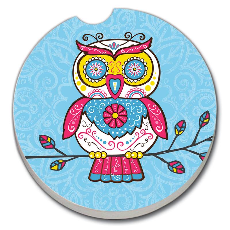 Counterart Absorbent Stoneware Car Coaster, Sugar Owl, Set of 2 - 2.5