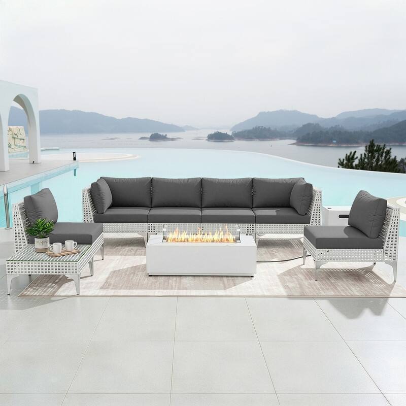 FINCATI Oversized Outdoor Furniture with Rectangular Fire Pit Table, 9-piece Luxurious High-back Patio Wicker Conversation Set - Dark Grey